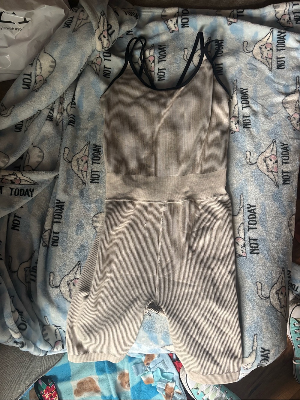 Calvin Klein Performance Ribbed Tank Romper in Light Taupe with Black Logo